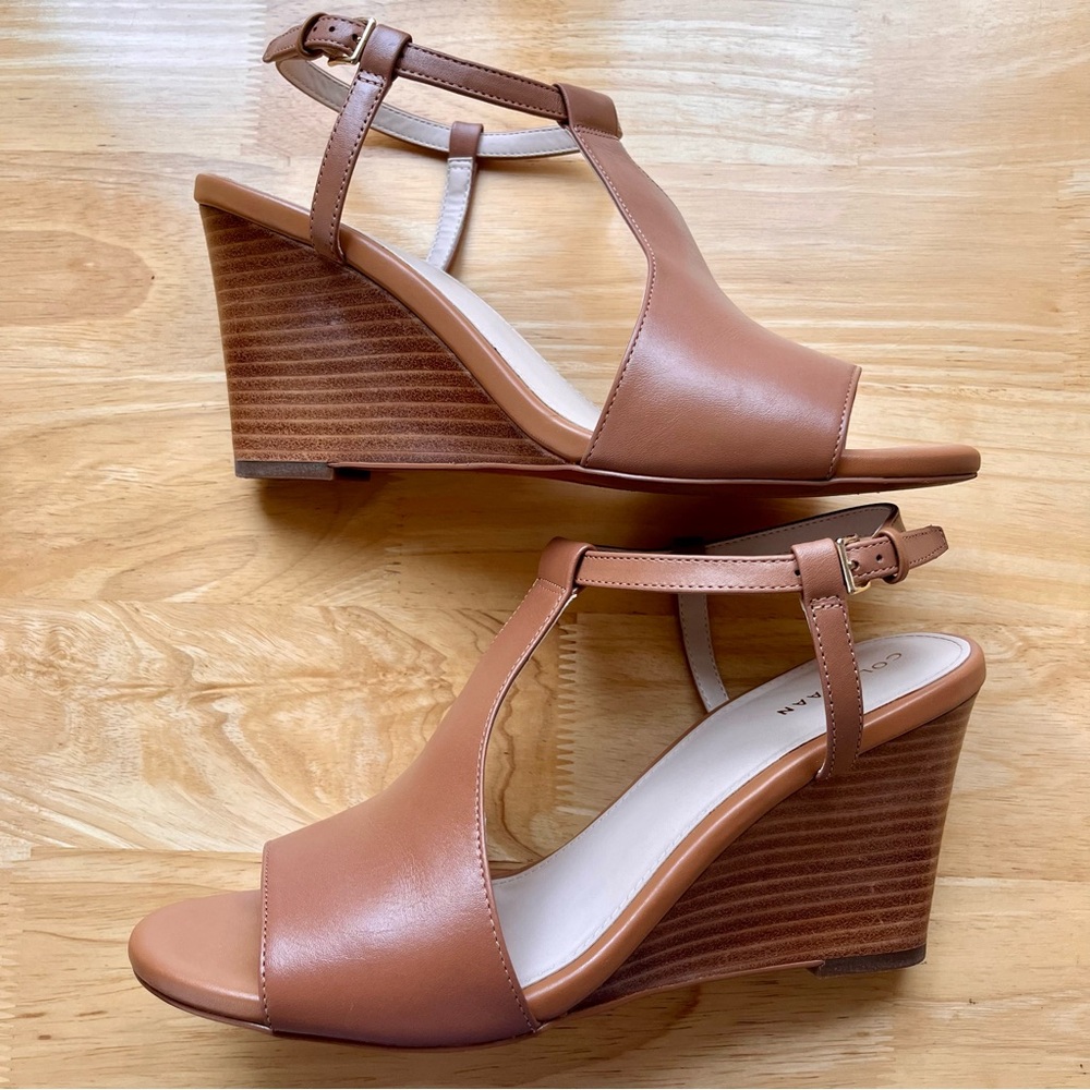 COLE HAAN Maddie Open Toe Tan Wedge Sandals, Pecan Leather, Size 8 - Picture 6 of 11